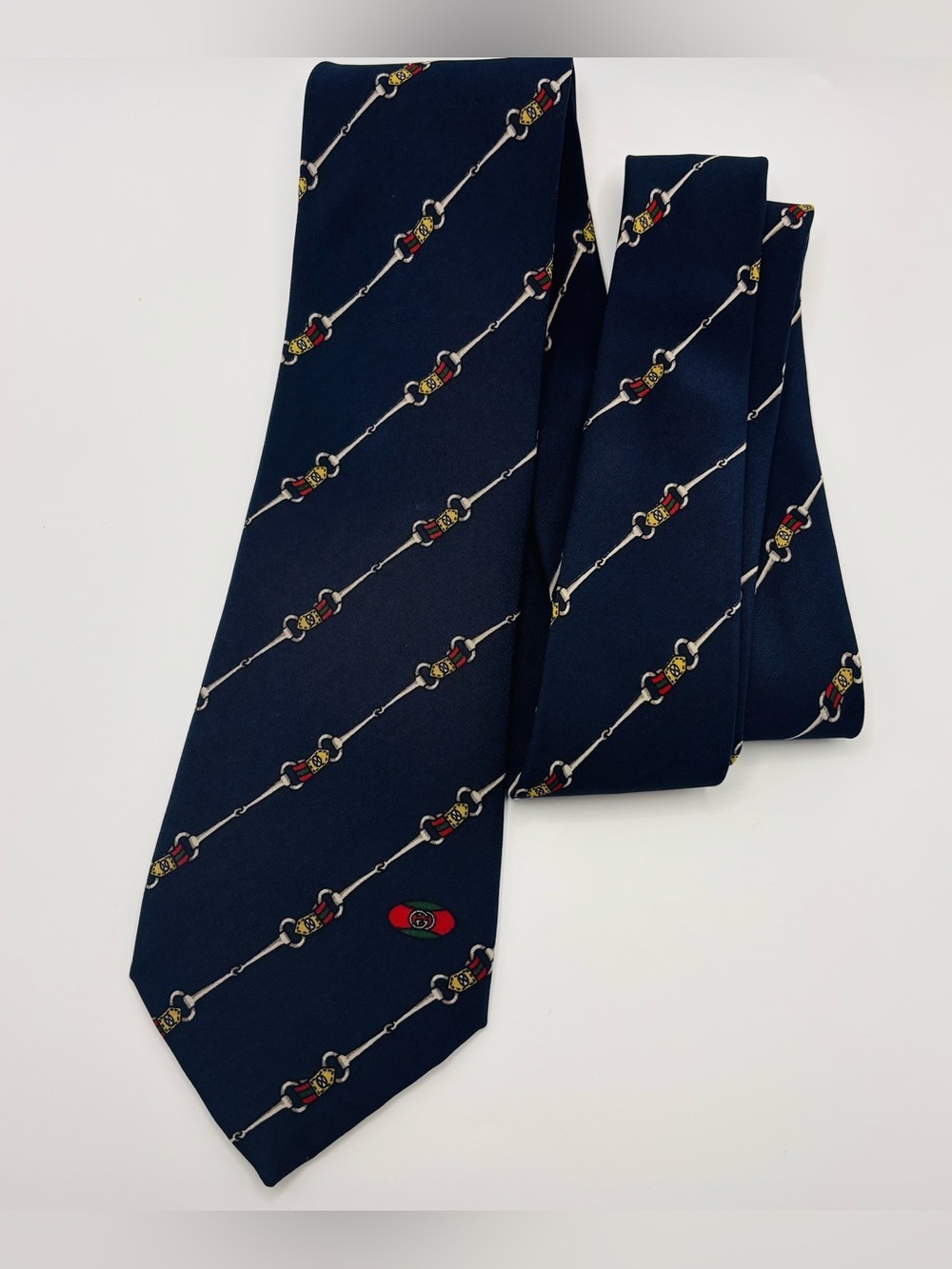 Vintage Gucci Horsebit Silk Tie Navy Equestrian Made in Italy 80s 90s
